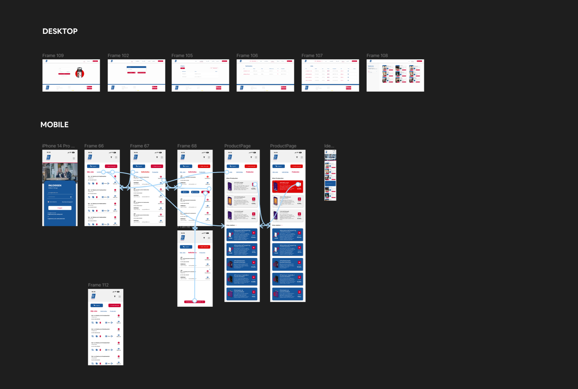 Figma flows — desktop and mobile screens connected as an interactive prototype.