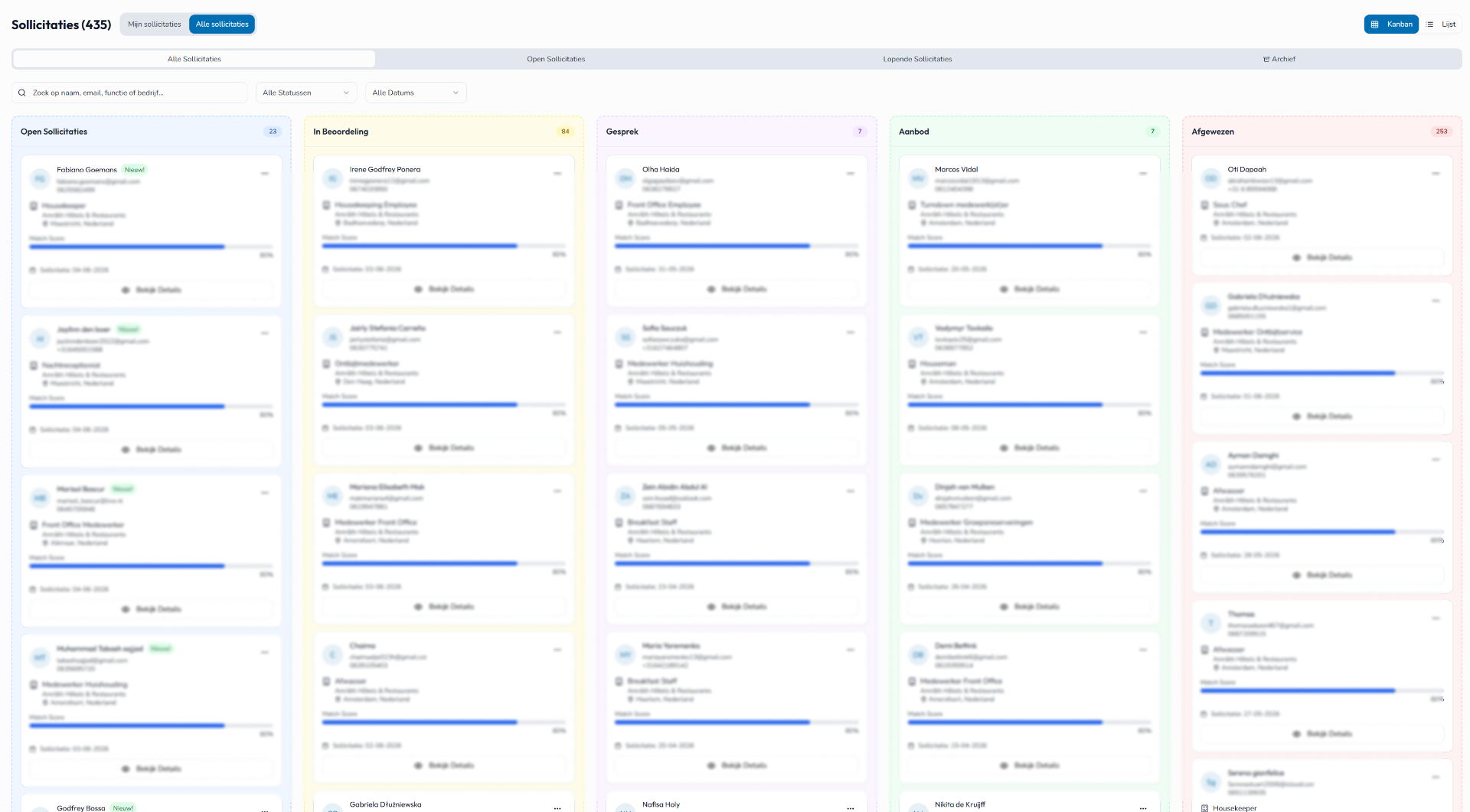 Candidate pipeline in Kanban view — applications flow from Open to Offer with match scoring.