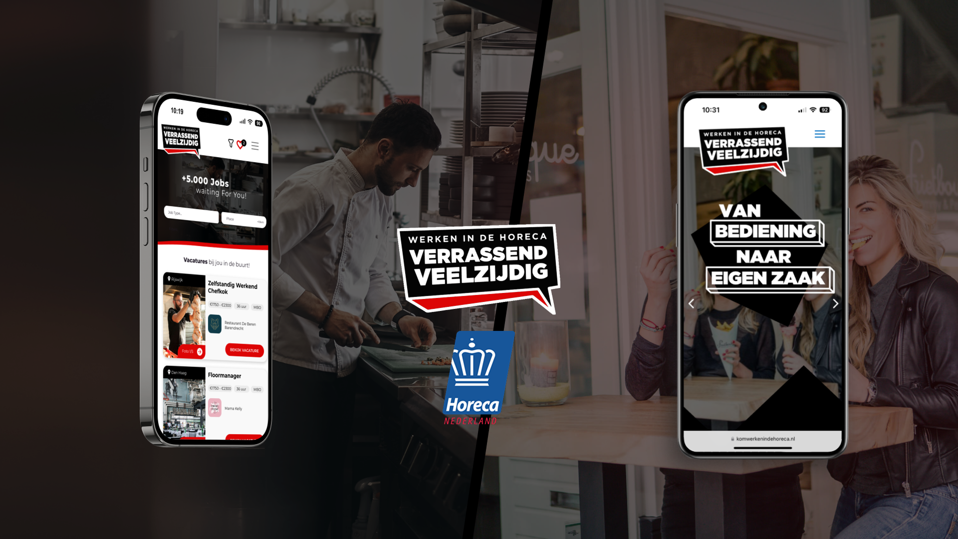 Mobile experience for the KomWerkenInDeHoreca branding and job discovery flow.